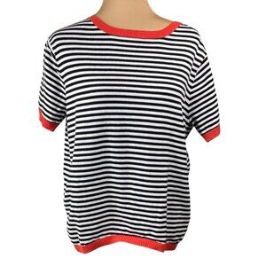 Narural Short Sleeve Sweater Black White Stripe Red Trim Size L Large Cotton